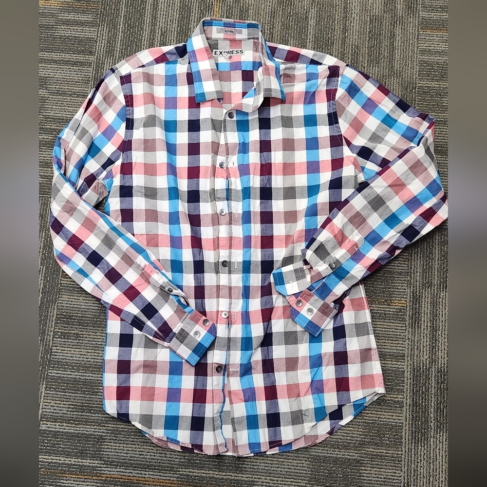 Express Men's Checkered Shirt in Blue, Pink, and White